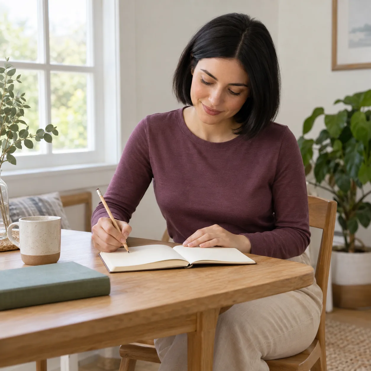 A woman with a black bob seated at a wooden table, holding a pencil at an open cream notebook beside a mug and a closed green book.