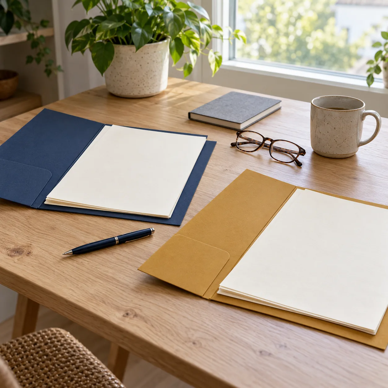 Open navy and ochre folders with plain cream sheets on a wooden table beside a pen, glasses, closed gray book and mug.