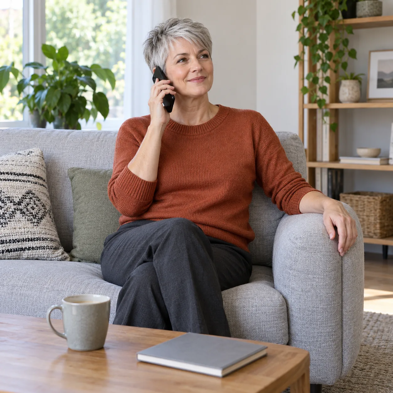 A woman with short silver hair holding a black phone to one ear while seated on a gray sofa beside a table with a mug and closed gray book.