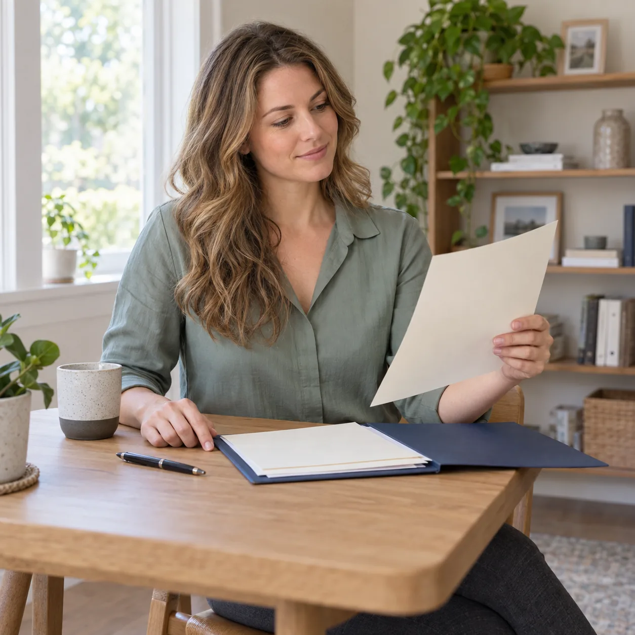 A woman with long wavy dark-blonde hair holding a plain cream sheet at a wooden table beside an open navy folder, pen and mug.