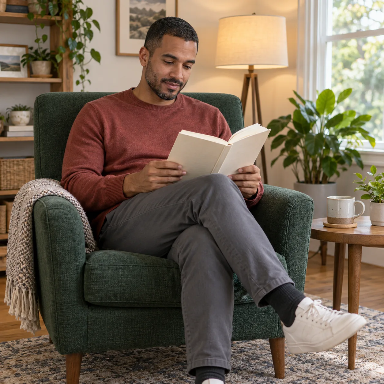 A man in a brick-red sweater seated in a green armchair, looking toward an open cream-covered book held in both hands.
