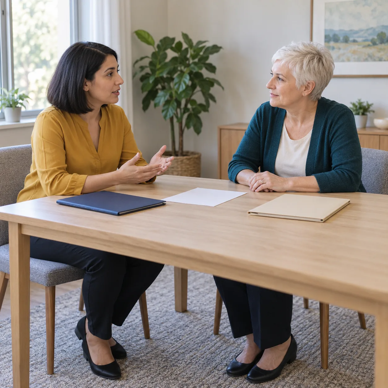 Two adult women in mustard and teal clothing converse across a wooden table with closed navy and beige folders and a blank sheet.