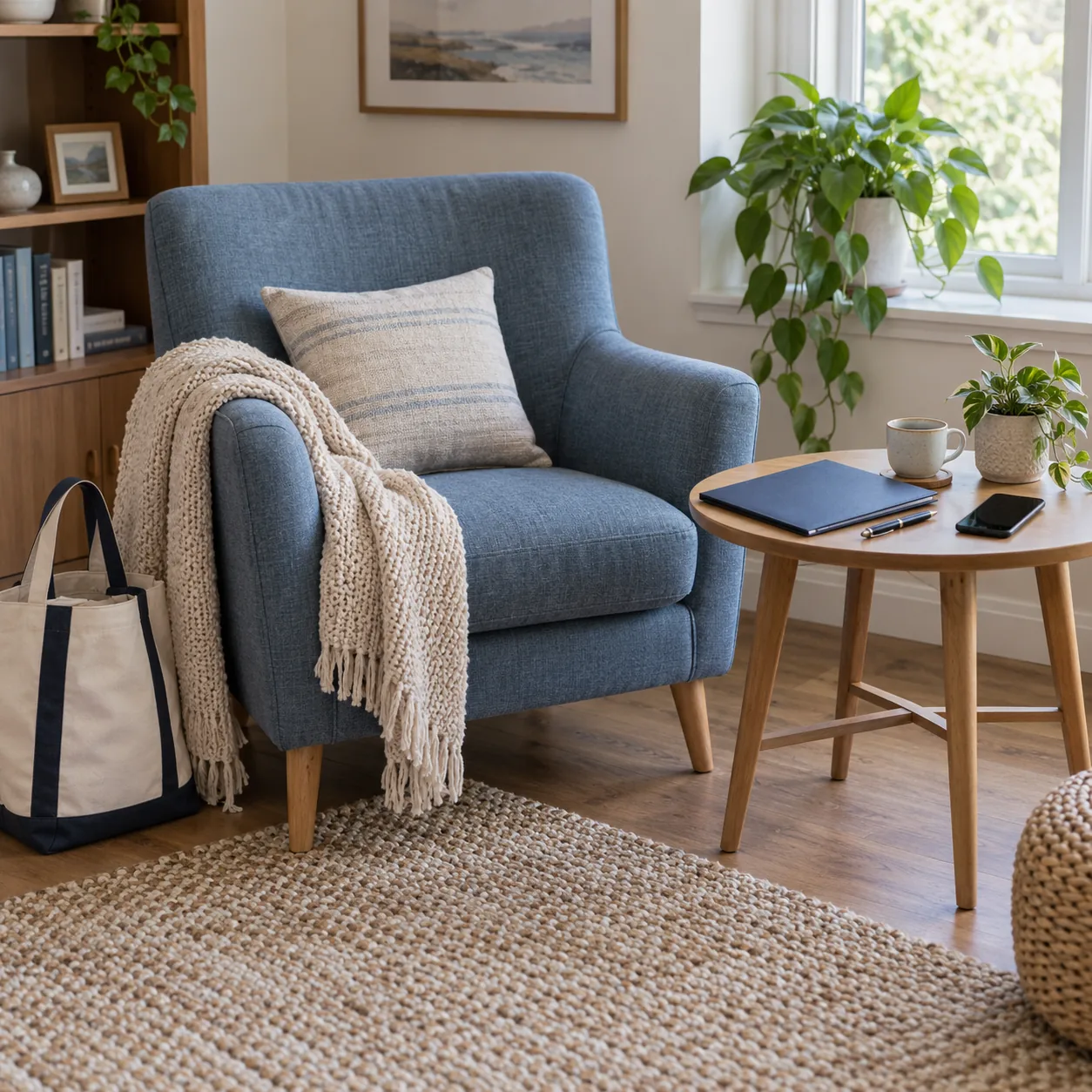 A blue armchair with a beige throw beside a wooden table holding a closed navy folder, pen, dark phone, mug and plant; a canvas tote stands nearby.