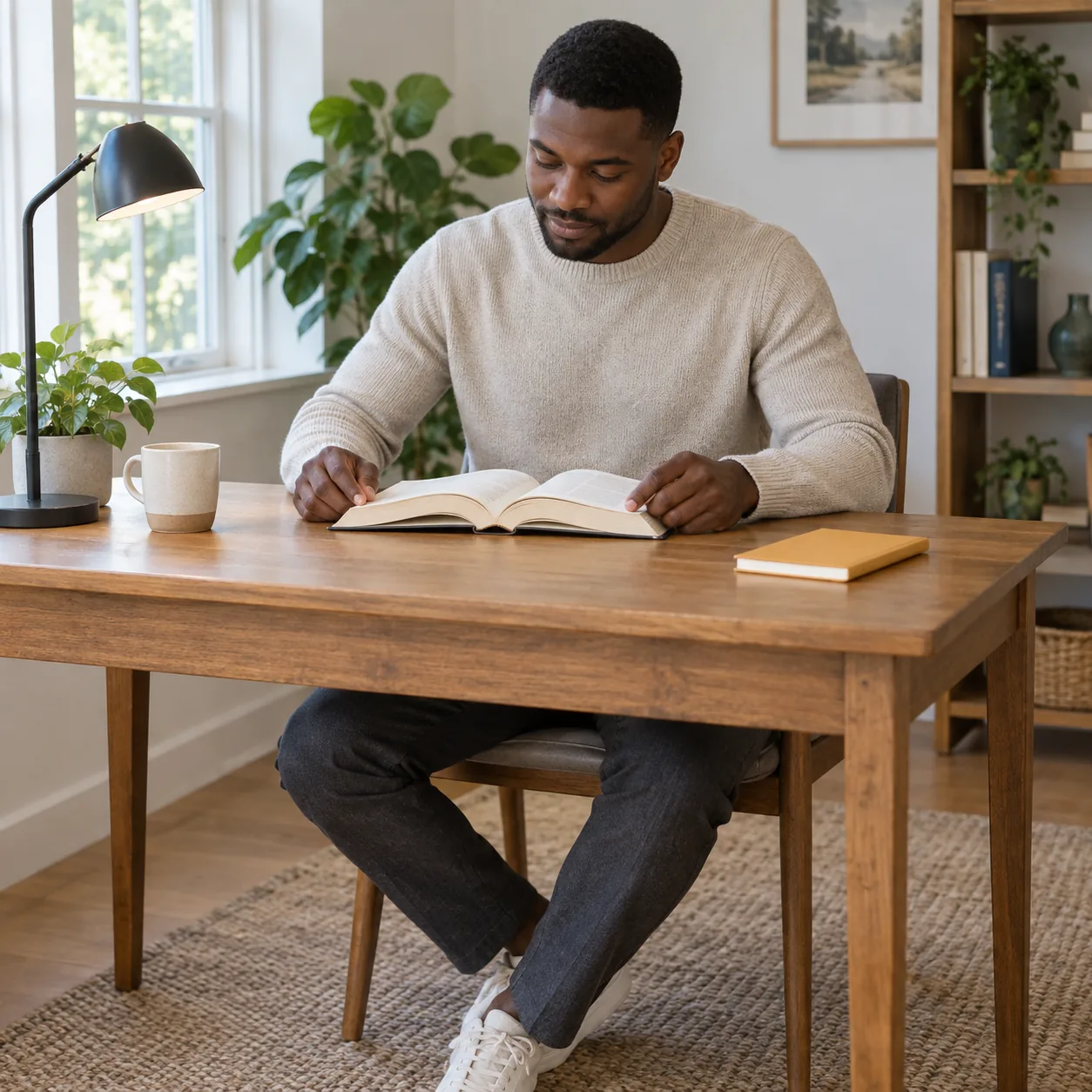 A man in a cream knitted sweater reads an open book at a wooden desk beside a closed ochre notebook, mug, lamp and plants.