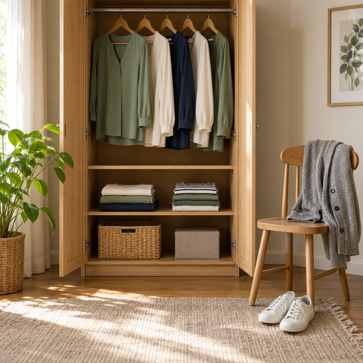 Open wooden wardrobe with everyday clothing, a gray cardigan on a chair and white sneakers in a sunlit room.
