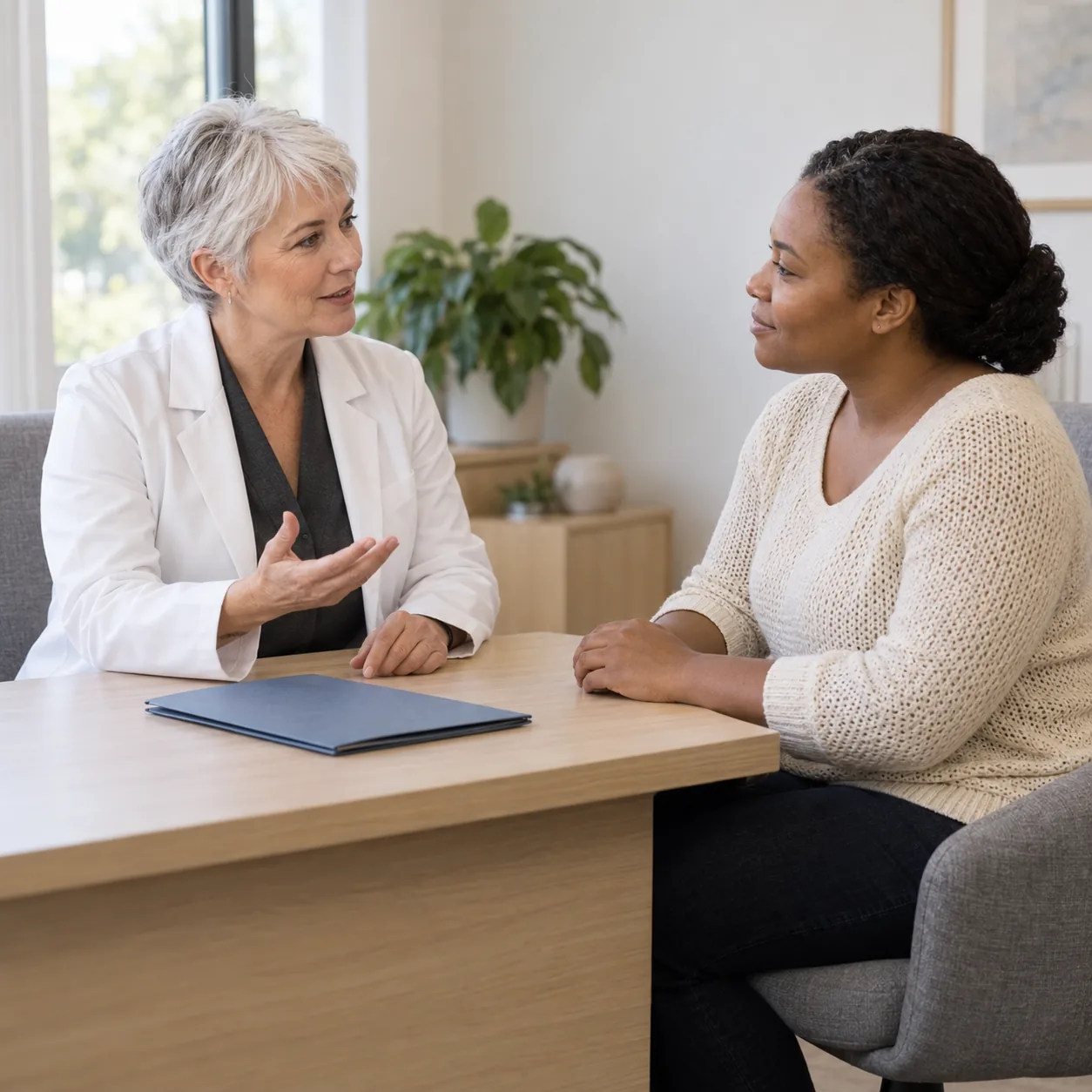 Two fictional adult women face each other across a wooden desk; one in a white coat gestures beside a closed blue folder.