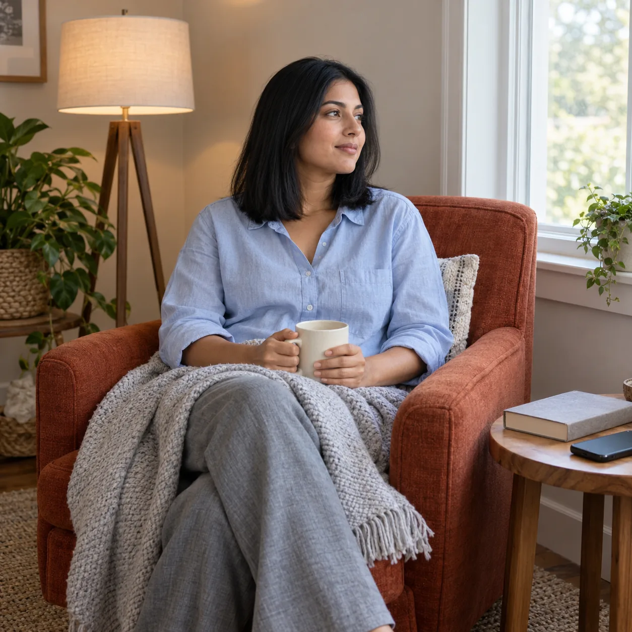 Fictional adult woman holds a cream mug with both hands while seated in a rust armchair with a gray blanket across her lap.