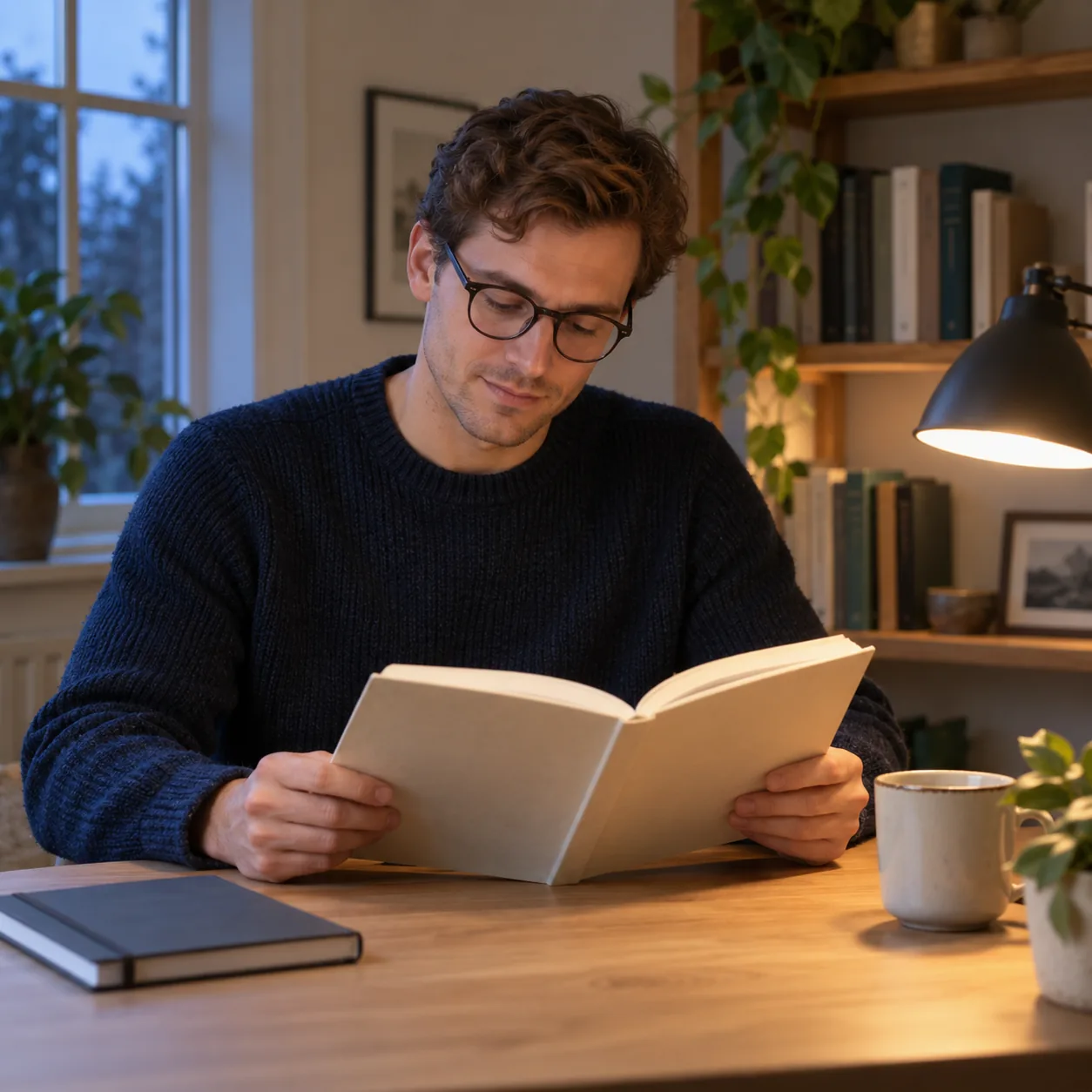 Fictional adult man in dark glasses and a navy sweater holds an open cream book at a wooden study table.