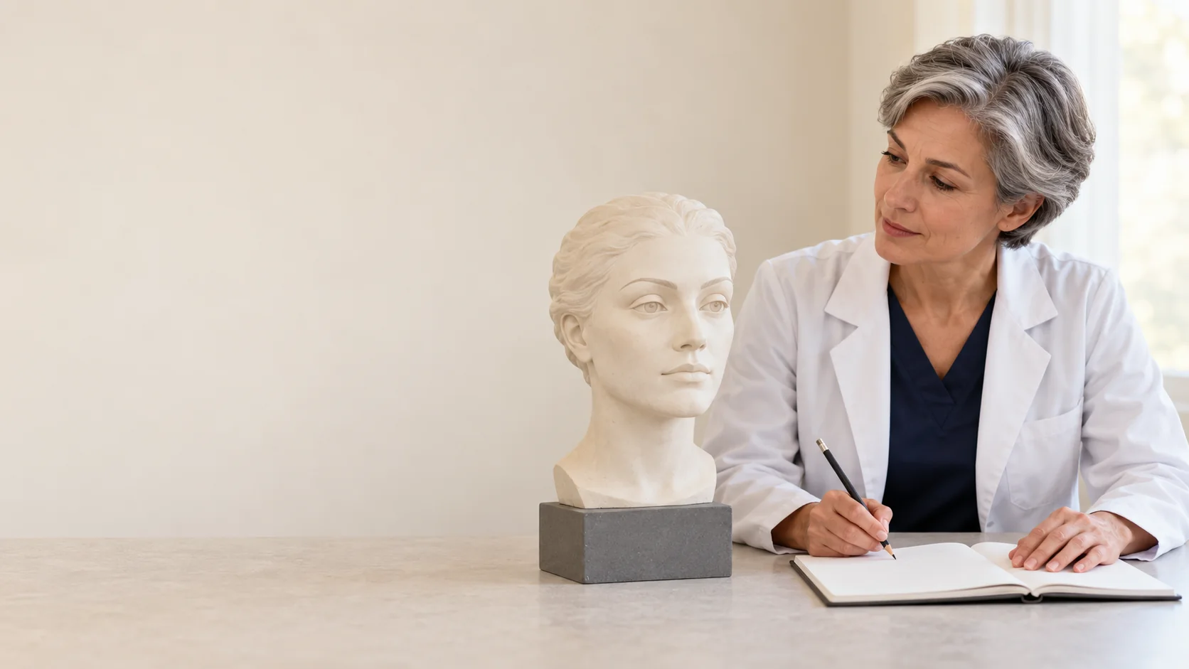 A fictional woman clinician studies an artificial facial teaching bust with visible brow contours while taking notes at a quiet table.