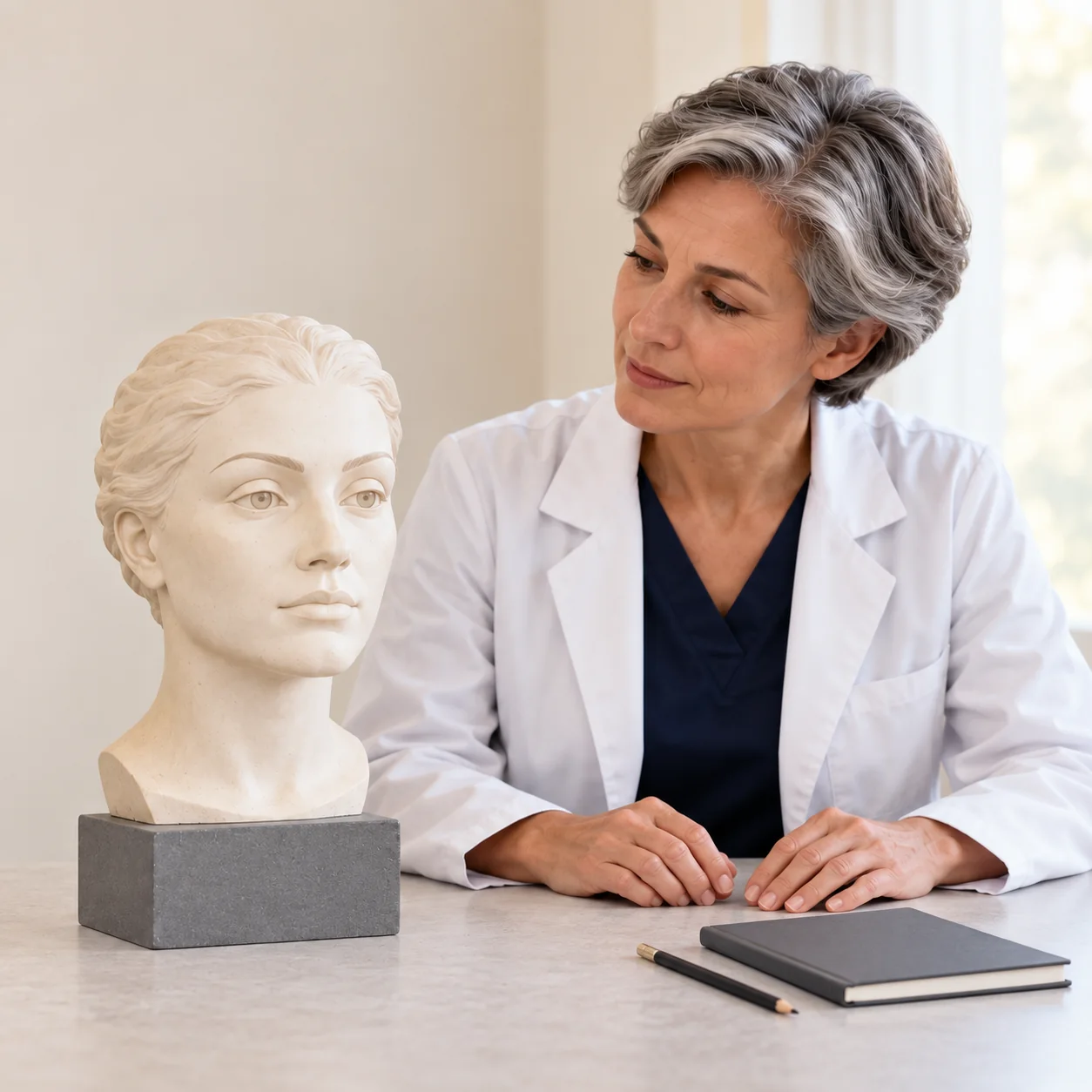 A fictional woman clinician observes the natural brow and eyelid contours of an intact artificial facial teaching bust beside a closed notebook and pencil.