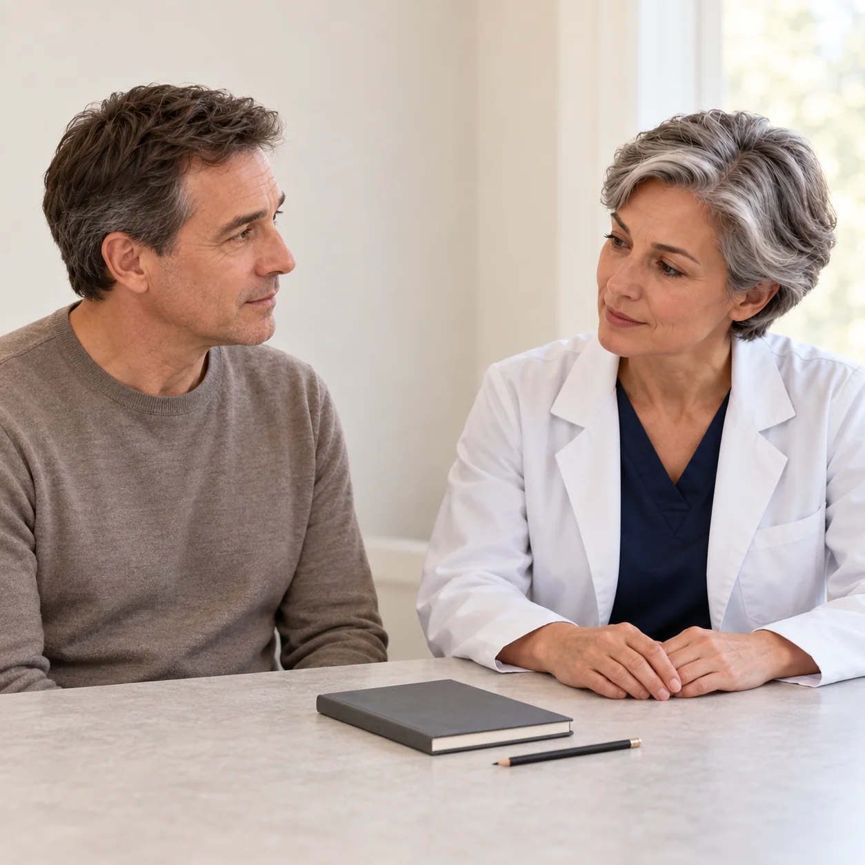 A fictional woman clinician listens to a mature adult man during a calm consultation, with a closed notebook and separate pencil on the table.