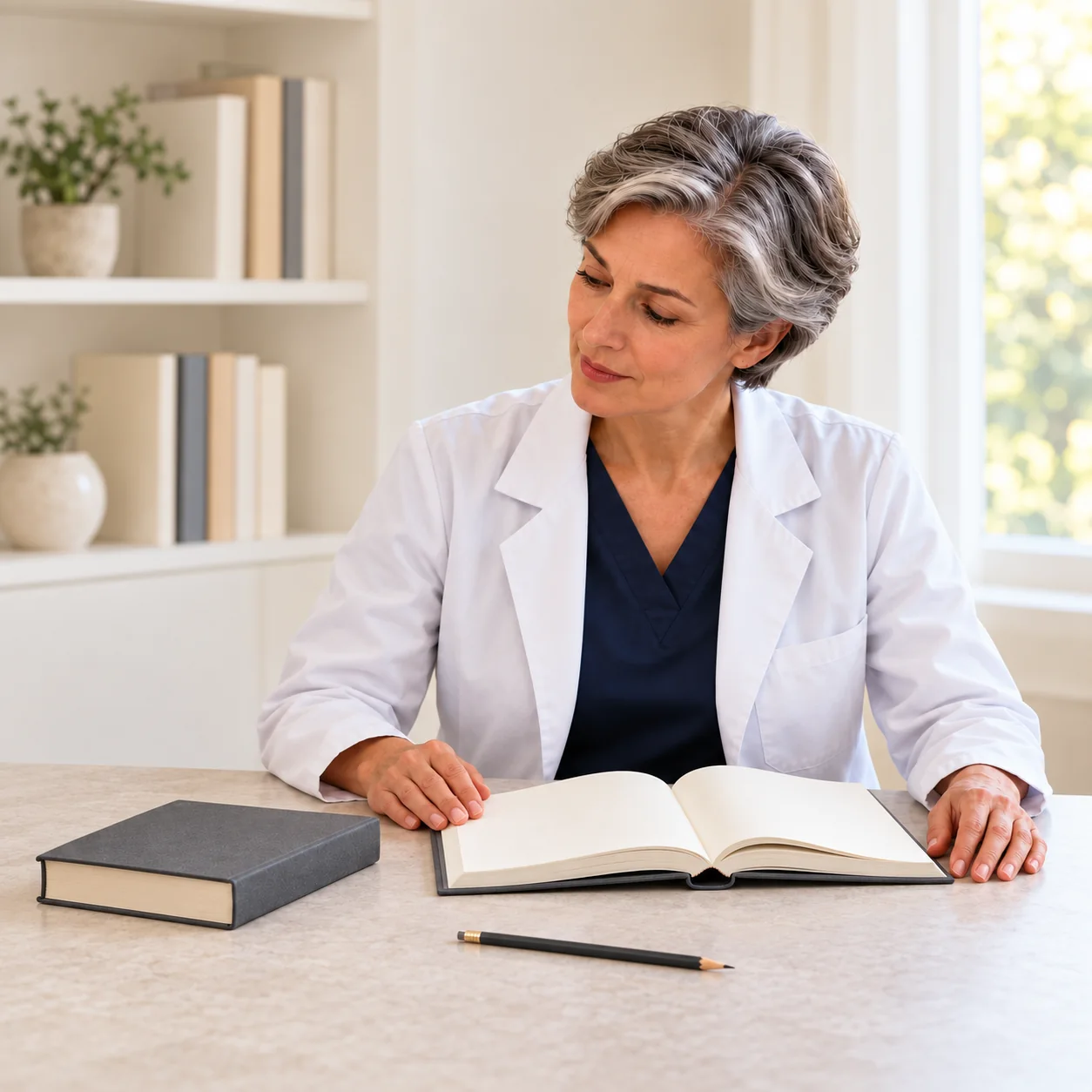A fictional silver-haired woman clinician reviews two unmarked study volumes at a quiet table.