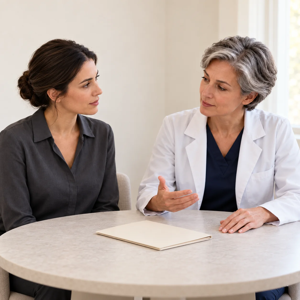 Two fictional women professionals discuss planning questions beside a closed blank folder at a round table.