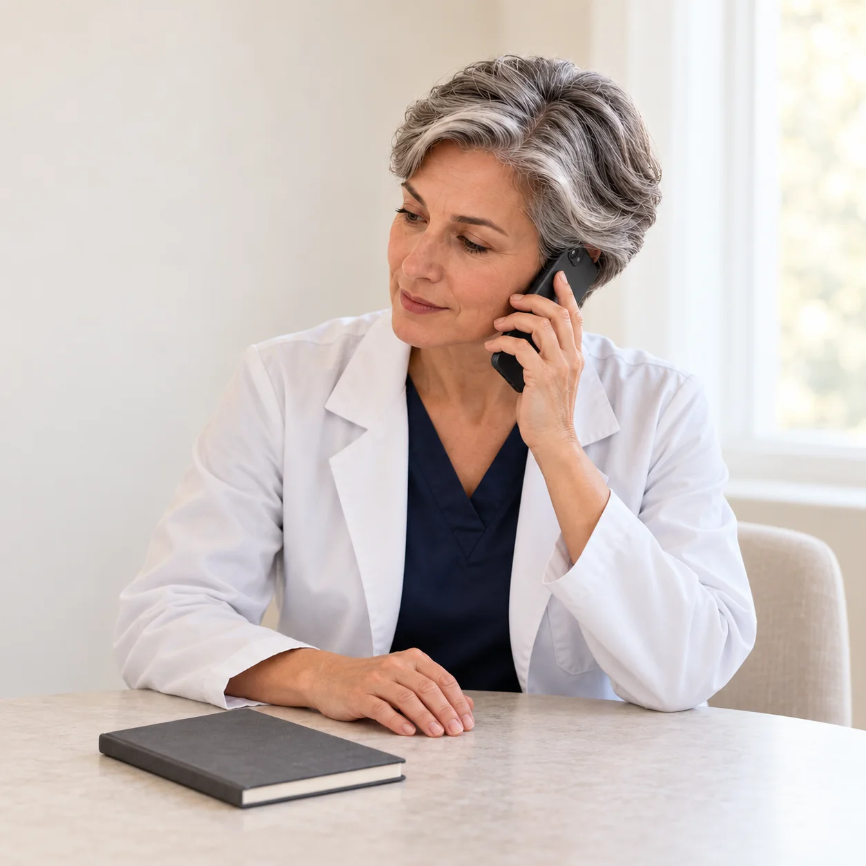 A fictional silver-haired woman clinician listens on an unbranded phone beside a closed blank notebook at a quiet table.
