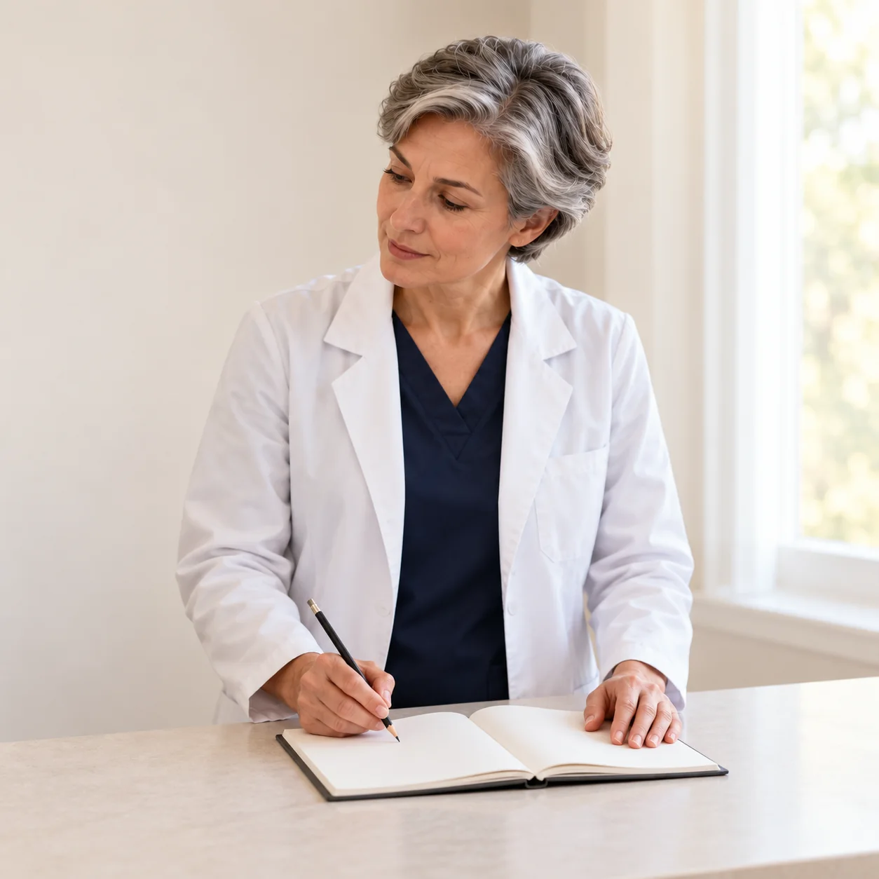 A fictional silver-haired woman clinician studies a blank open notebook with a pencil at a writing table.