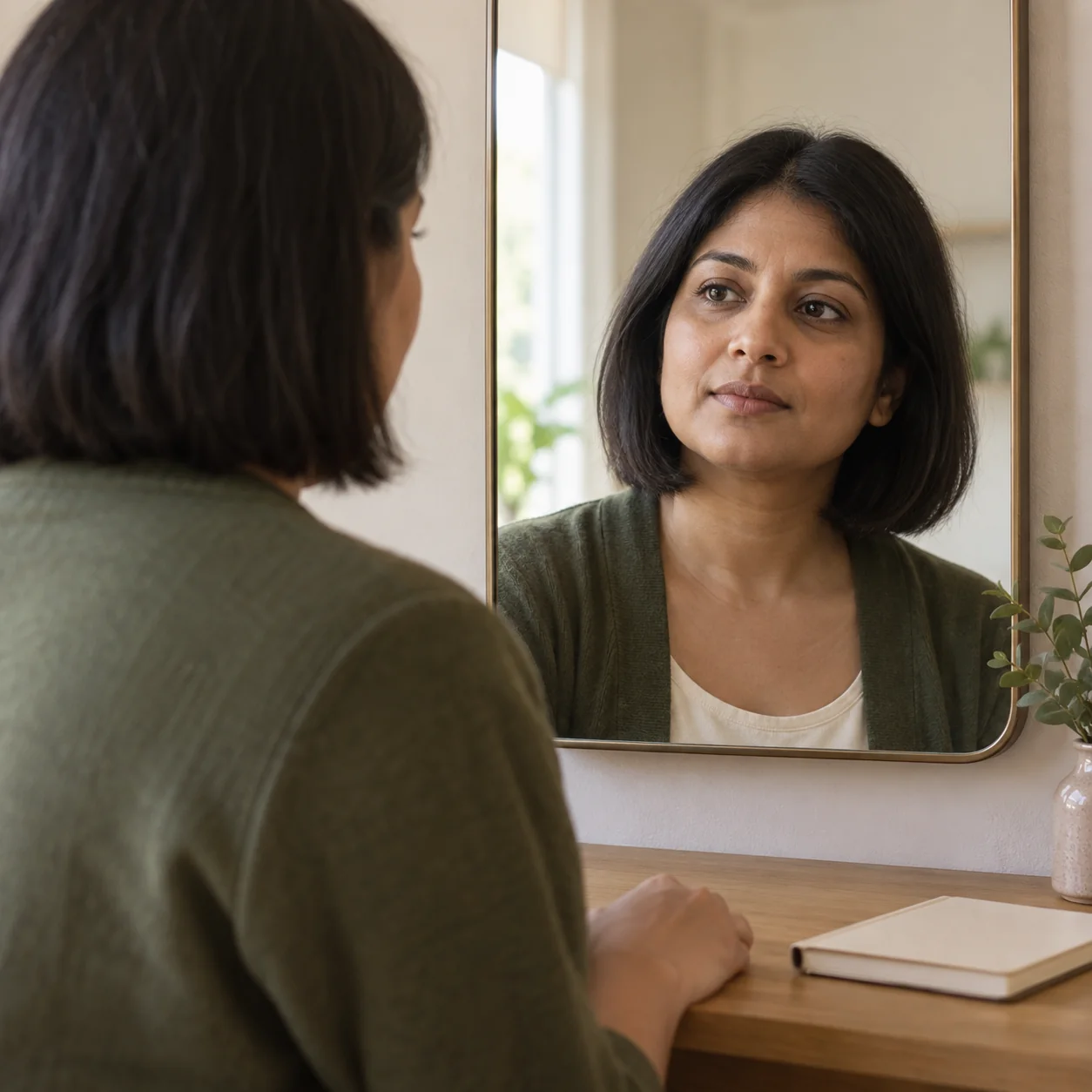 A fictional adult woman studies the natural contour of her cheeks in a mirror before a consultation.