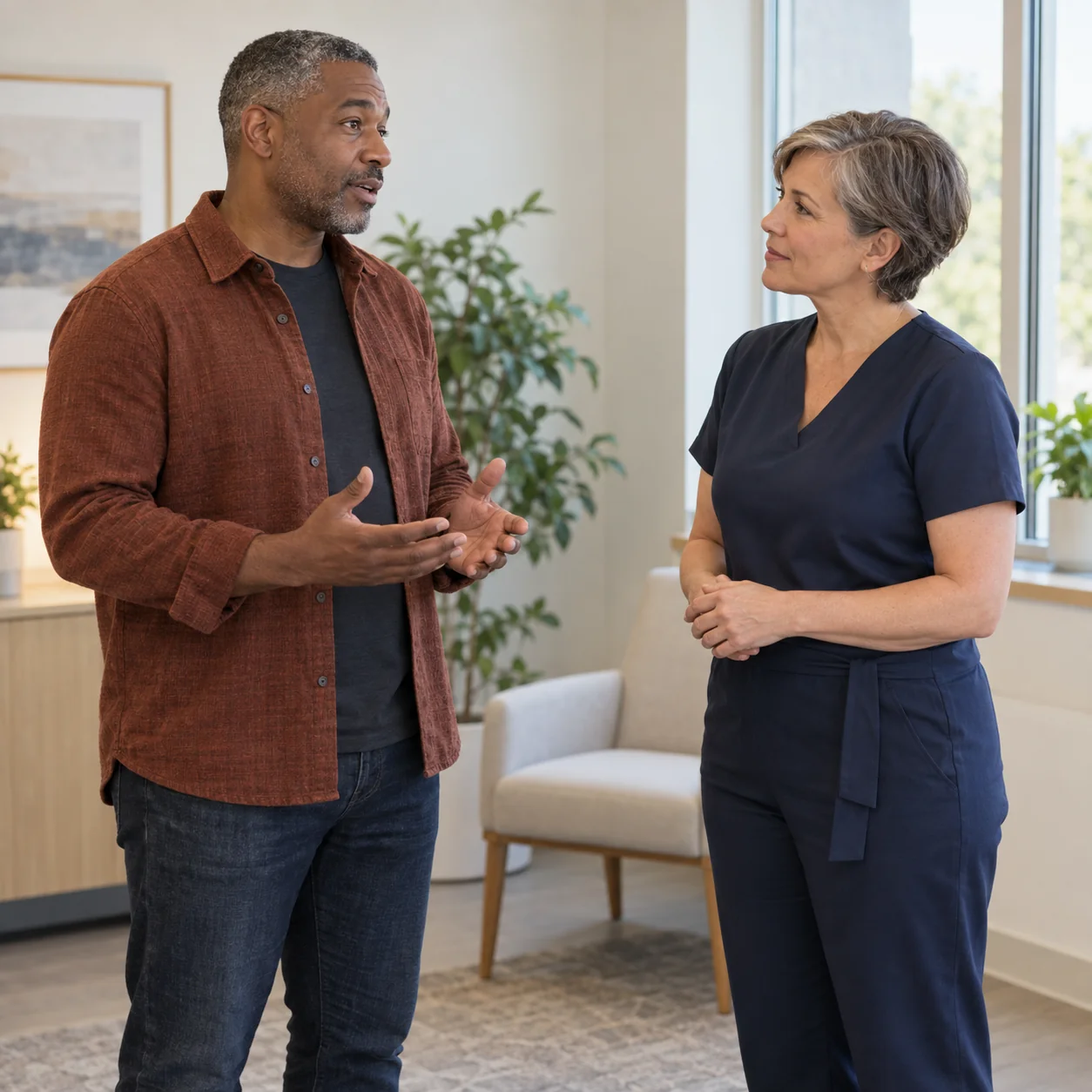 A fictional adult man speaks with a clinician in a calm consultation room while they discuss possible next steps.