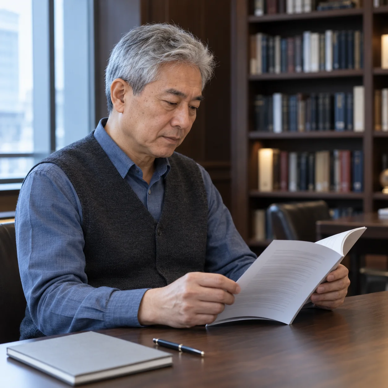 A fictional older adult reads an information booklet at a library table, with a pen resting unused beside it.