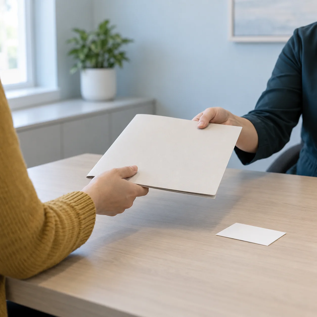Two fictional adults pass a blank folder across a table during a follow-up conversation.