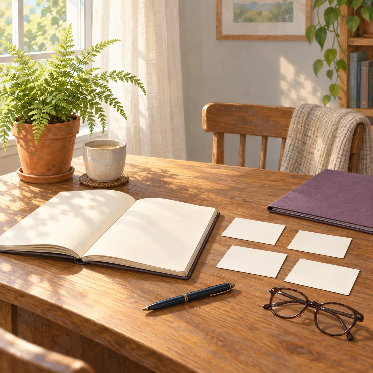 Illustration of an open blank notebook, four blank cards, a pen and glasses on a wooden table by a window.