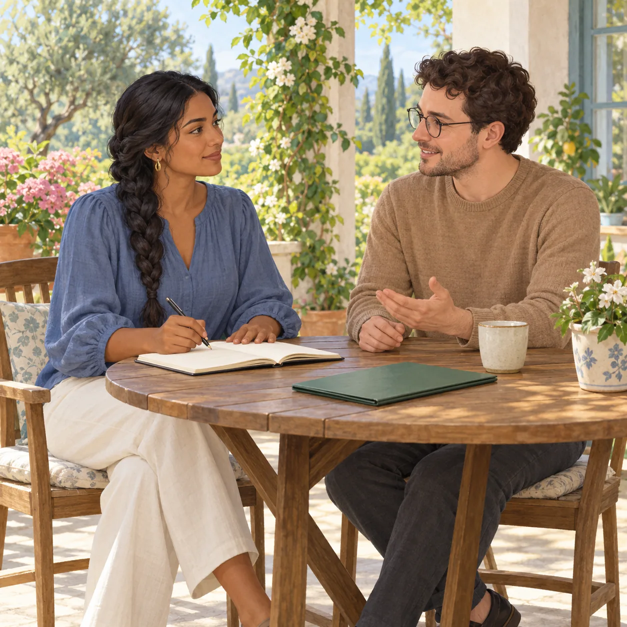 Illustration of two clothed adults discussing questions beside an open notebook on a garden veranda.