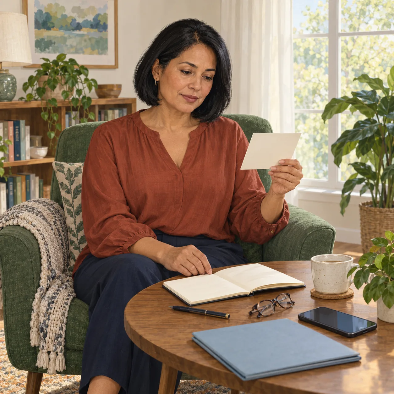 Illustration of a clothed adult holding a blank card beside an open notebook and phone in a bright living room.