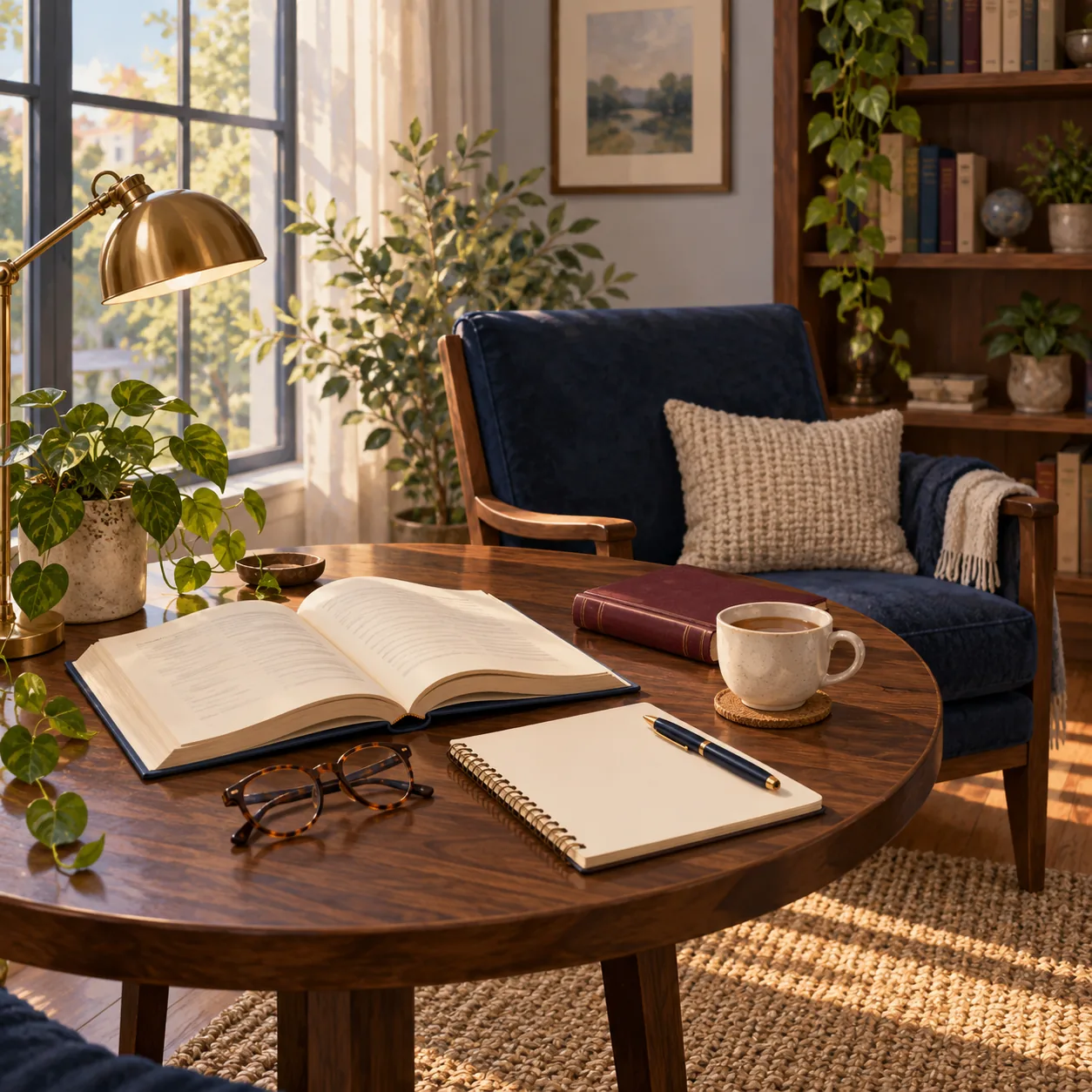 Illustration of an open book, blank notebook, pen and glasses on a wooden table beside a navy chair and bright window.