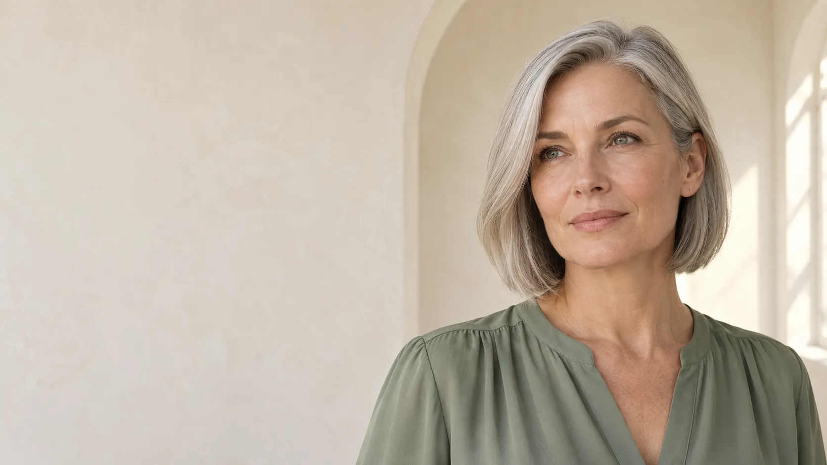 A fictional adult woman with a silver-gray bob in a sage blouse, facing nearly forward with both natural cheek contours visible against a warm ivory room.