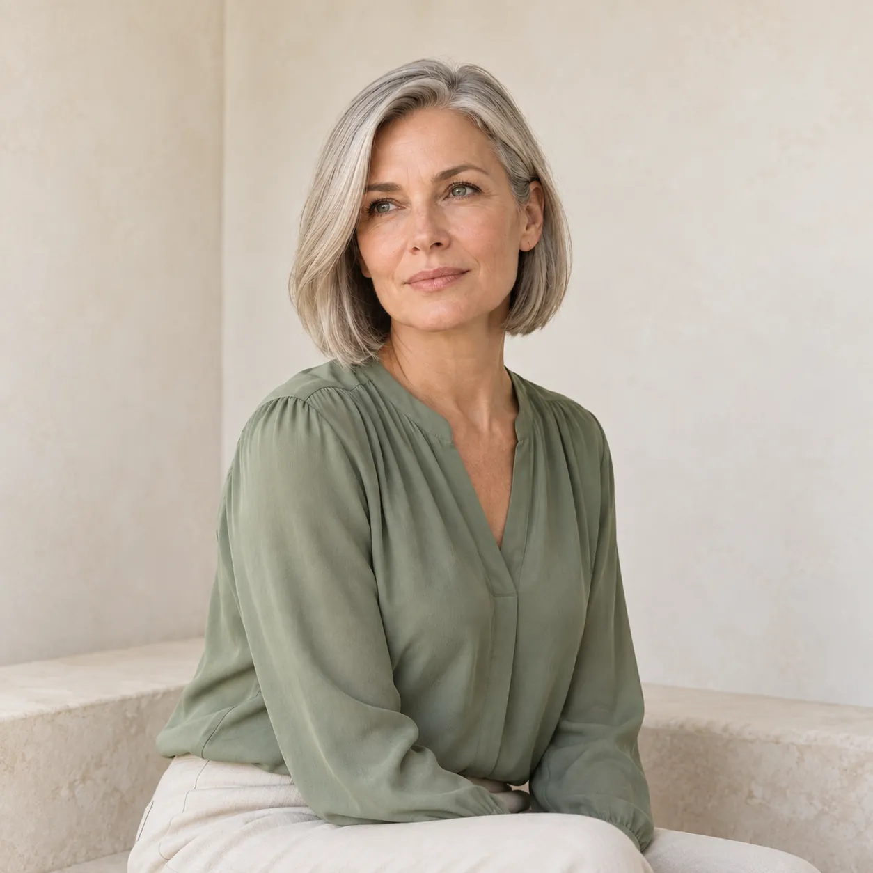 The same fictional woman with a silver-gray bob sits sideways on a pale bench, her natural cheek contours visible in a quiet warm ivory room.