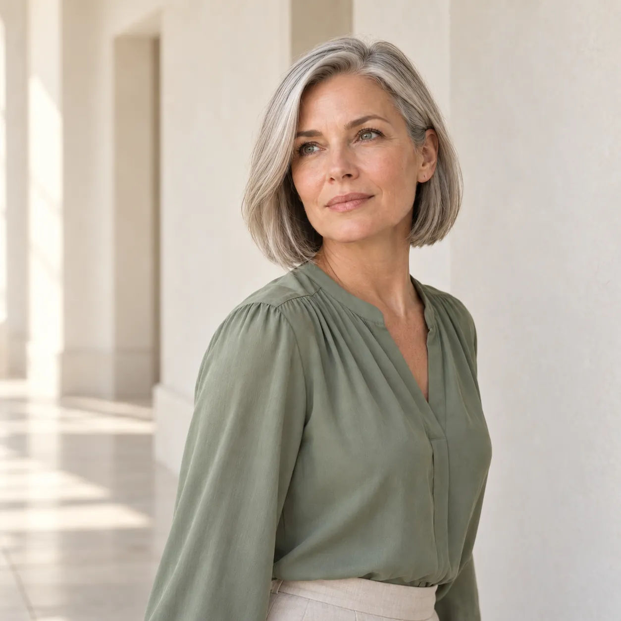 The same fictional silver-haired woman in a sage blouse pauses in a warm ivory corridor, both natural cheek contours visible.