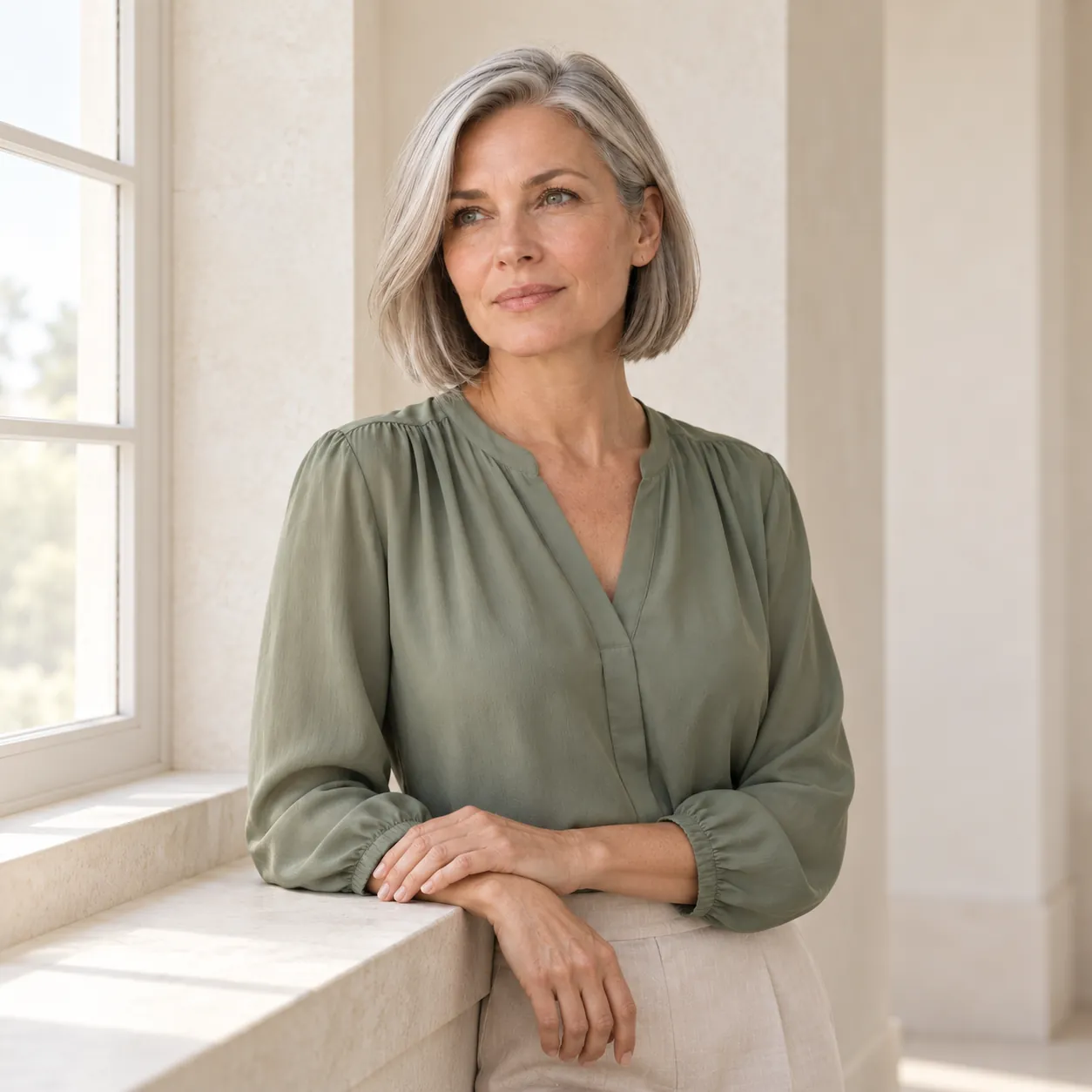 The same fictional silver-haired woman in a sage blouse rests her hands at a pale stone windowsill, with both natural cheek contours visible.