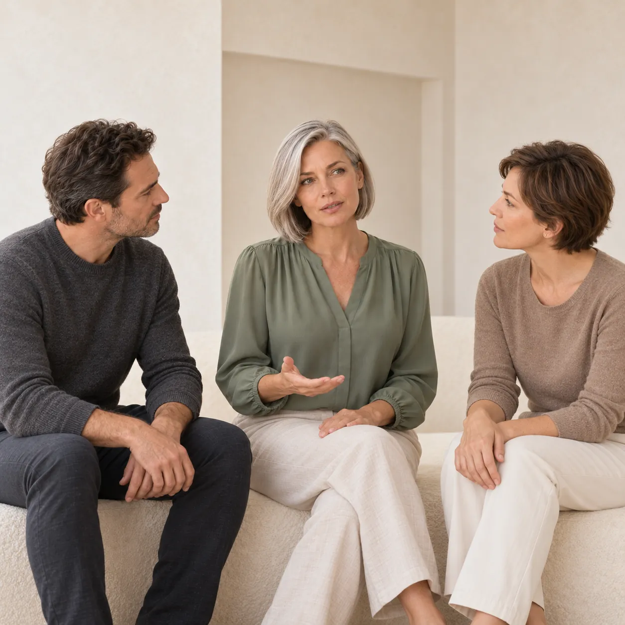 The familiar fictional silver-haired woman in a sage blouse discusses a question with two fictional adults in a warm ivory room.