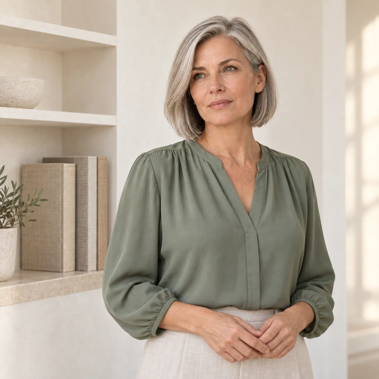 The recurring fictional silver-haired woman in a sage blouse stands in a warm ivory reading room beside closed unmarked folios, with both natural cheek contours visible.