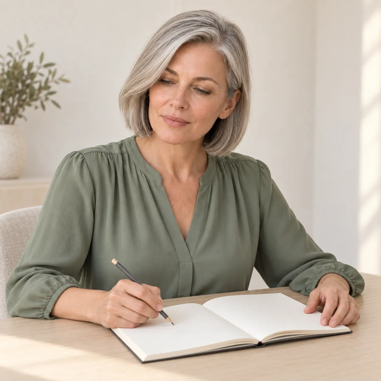 A fictional silver-haired woman in a sage blouse sits at a pale-wood table with an unbranded blank notebook and pencil.