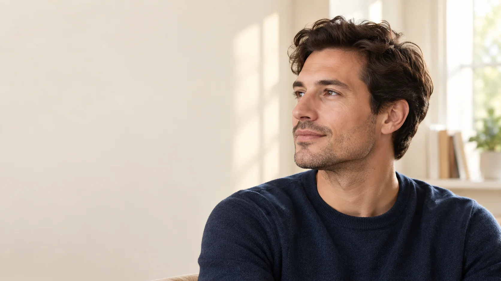A fictional adult man in a relaxed three-quarter profile, with his natural chin and jawline visible against a warm ivory background.