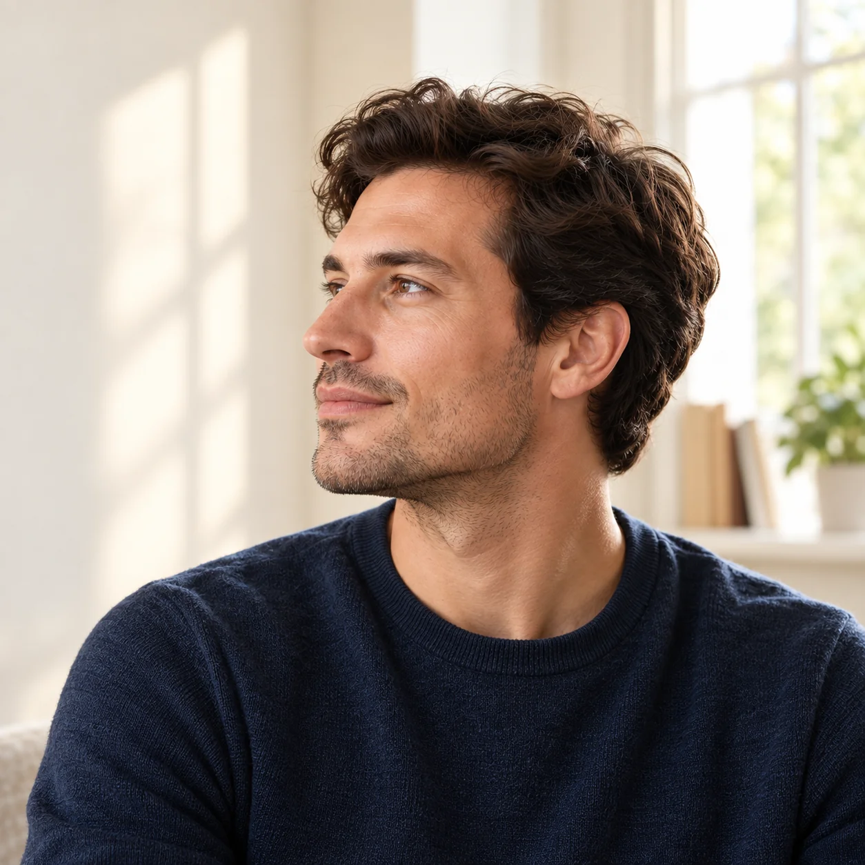A fictional adult man by a window, with his natural chin, jawline and neck visible in a three-quarter profile.