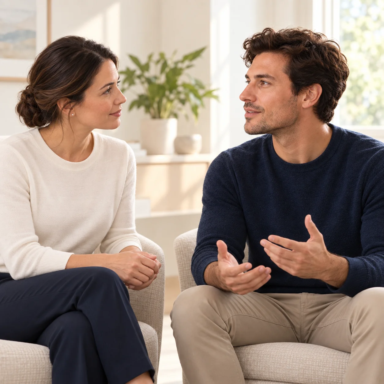 A fictional adult man talks with a fictional female professional in a bright room; both sit and face each other.