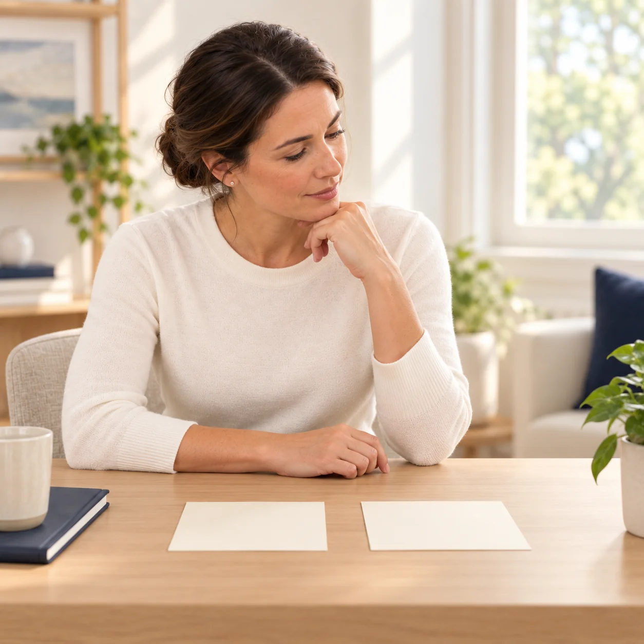 A fictional woman thoughtfully compares two identical blank cards placed side by side on a desk.