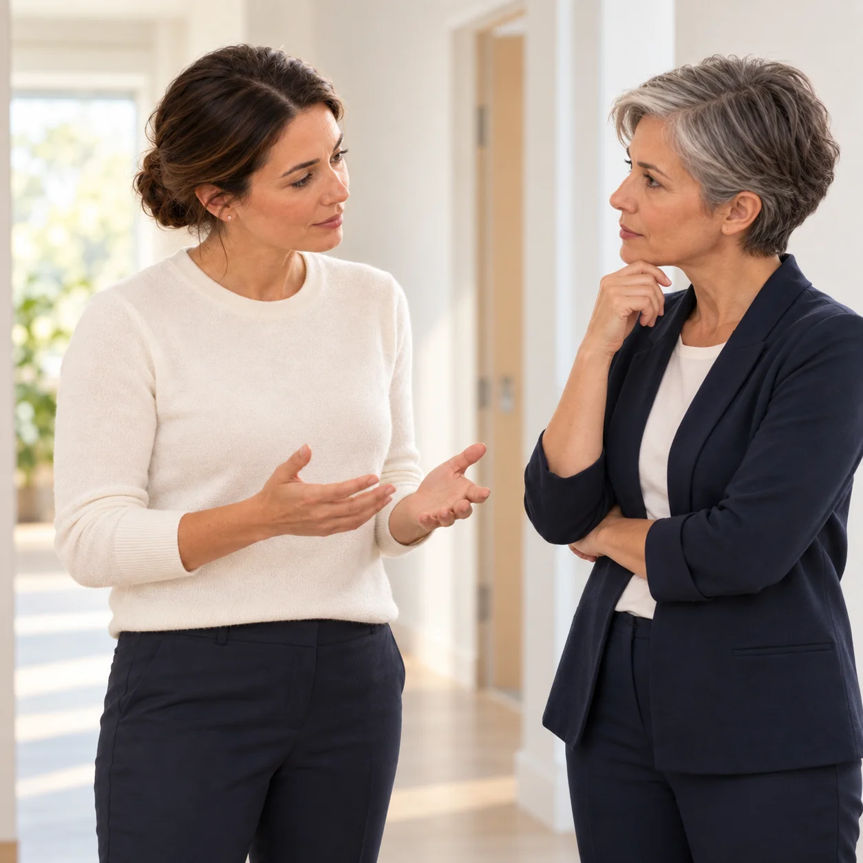 Two fictional adult colleagues, one in an ivory sweater and one in a navy jacket, talk near a doorway.