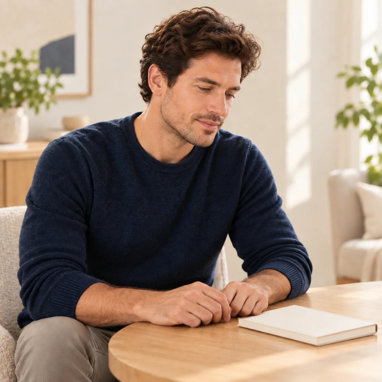 The same fictional man sits at a table with a closed blank notebook and both hands resting on the tabletop.