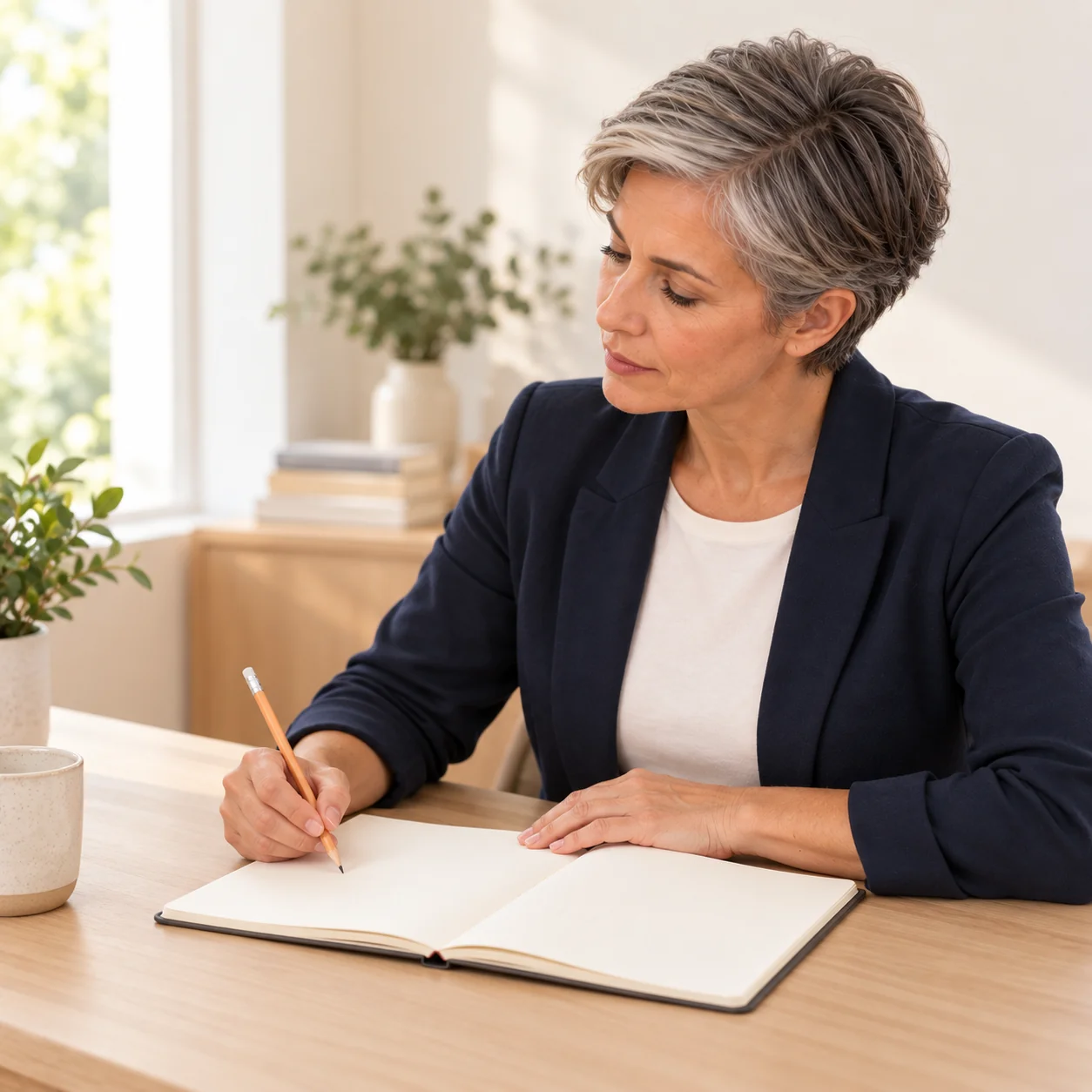 A fictional silver-haired woman pauses with a pencil over an open blank notebook at a desk.