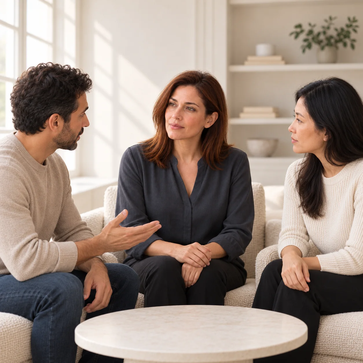 A fictional auburn-haired woman listens to two adults during an open conversation in a softly lit room.