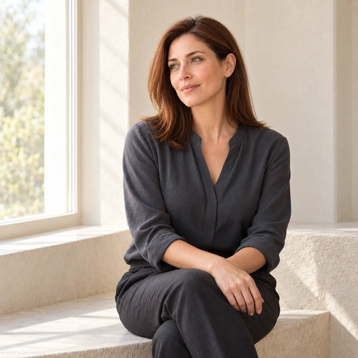 A fictional auburn-haired woman sits thoughtfully on a pale-stone bench beside a window, with her natural lower lip and chin visible.