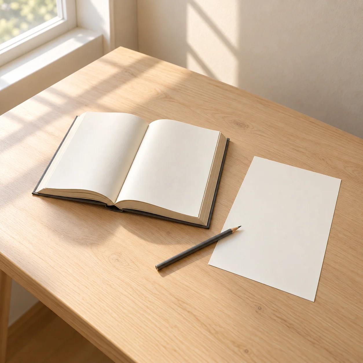An unbranded open book, a blank sheet and a pencil on a sunlit wooden desk.