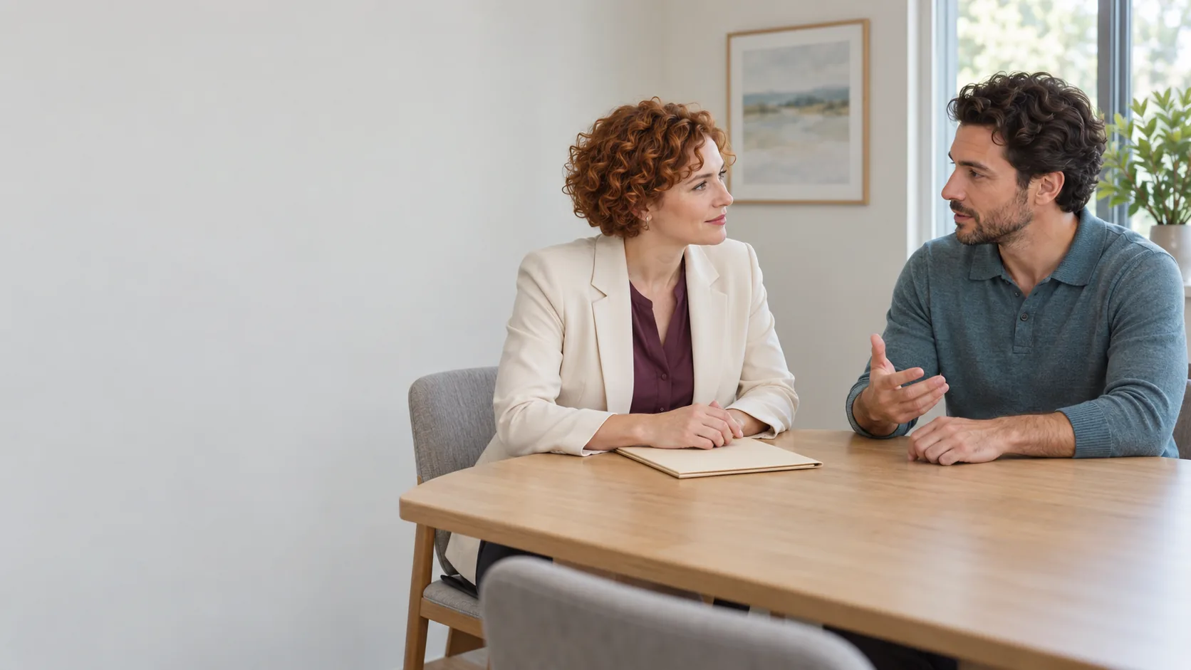 Fictional room scenes: two adults talking across a wooden table with a closed cream folder, or an older adult with silver hair and glasses holding a pen over an open notebook.