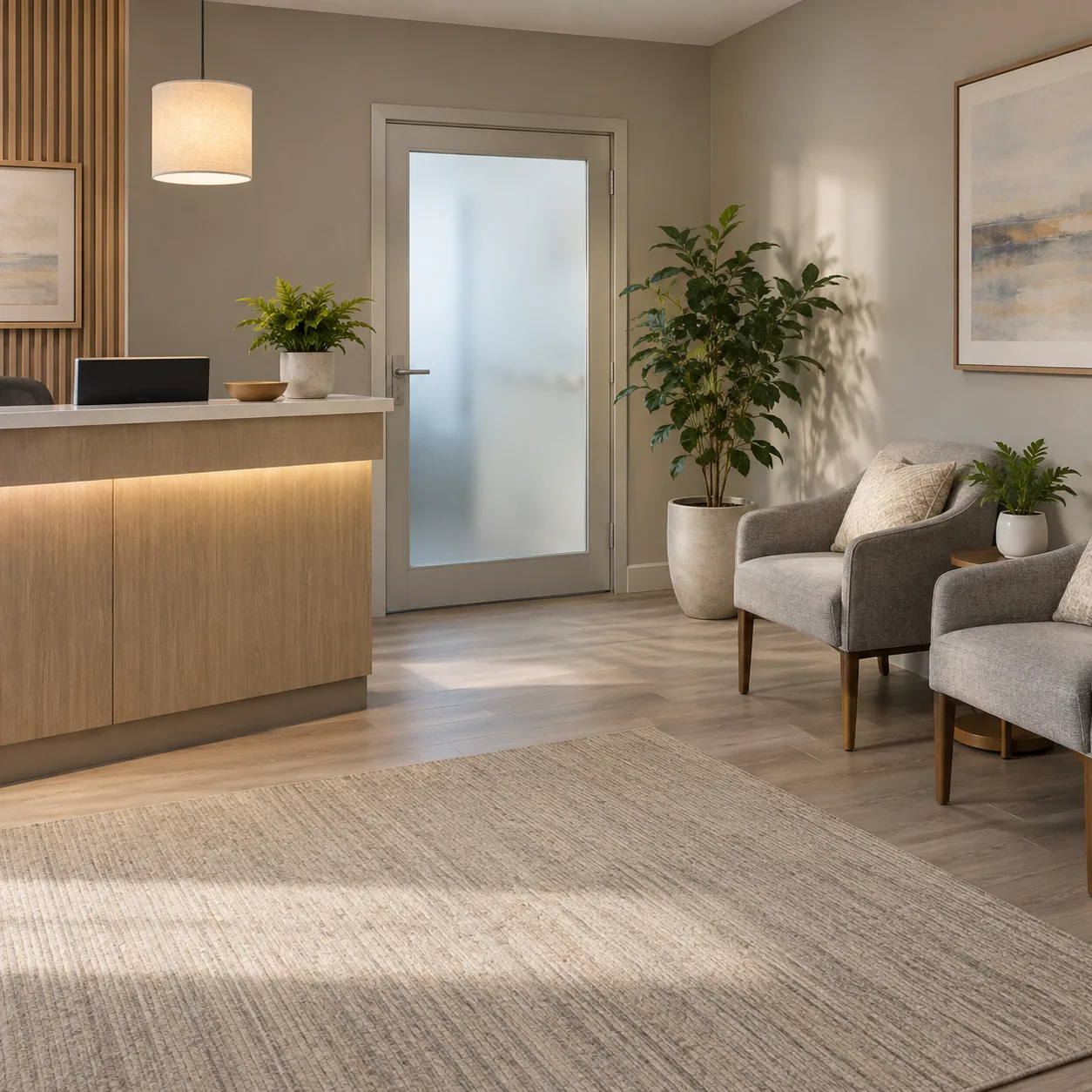 An empty reception-style room with a wooden counter, frosted-glass door, gray chairs and potted plants.