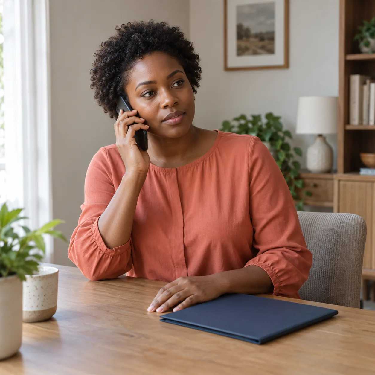 An adult woman in a coral blouse holding a black phone to her ear at a wooden table beside a closed navy folder.