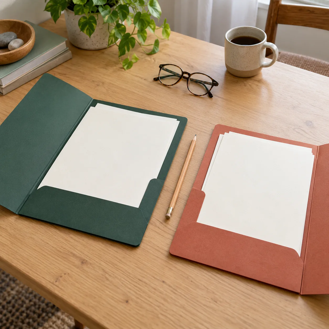 Two open green and terracotta folders with plain sheets on a wooden table, with a pencil between them and glasses and a mug nearby.