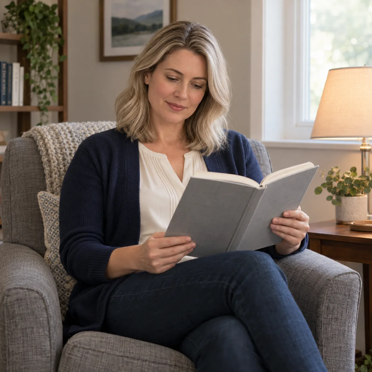 An adult woman in an indigo cardigan holding an open light-gray book with both hands in a gray armchair beside a window and lamp.