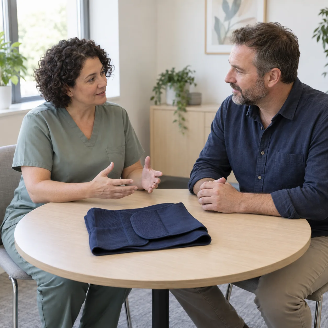 Two adults seated at a round wooden table converse beside a folded dark-blue support wrap.
